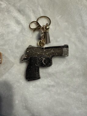 Rhinestone Pistol Keychain Charm in Black and Silver